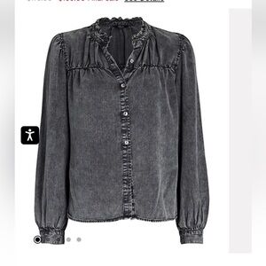 RAILS WOMEN'S BLACK ACID WASH CAMILLE BUTTON-FRONT RUFFLE NECK L/S SHIRT